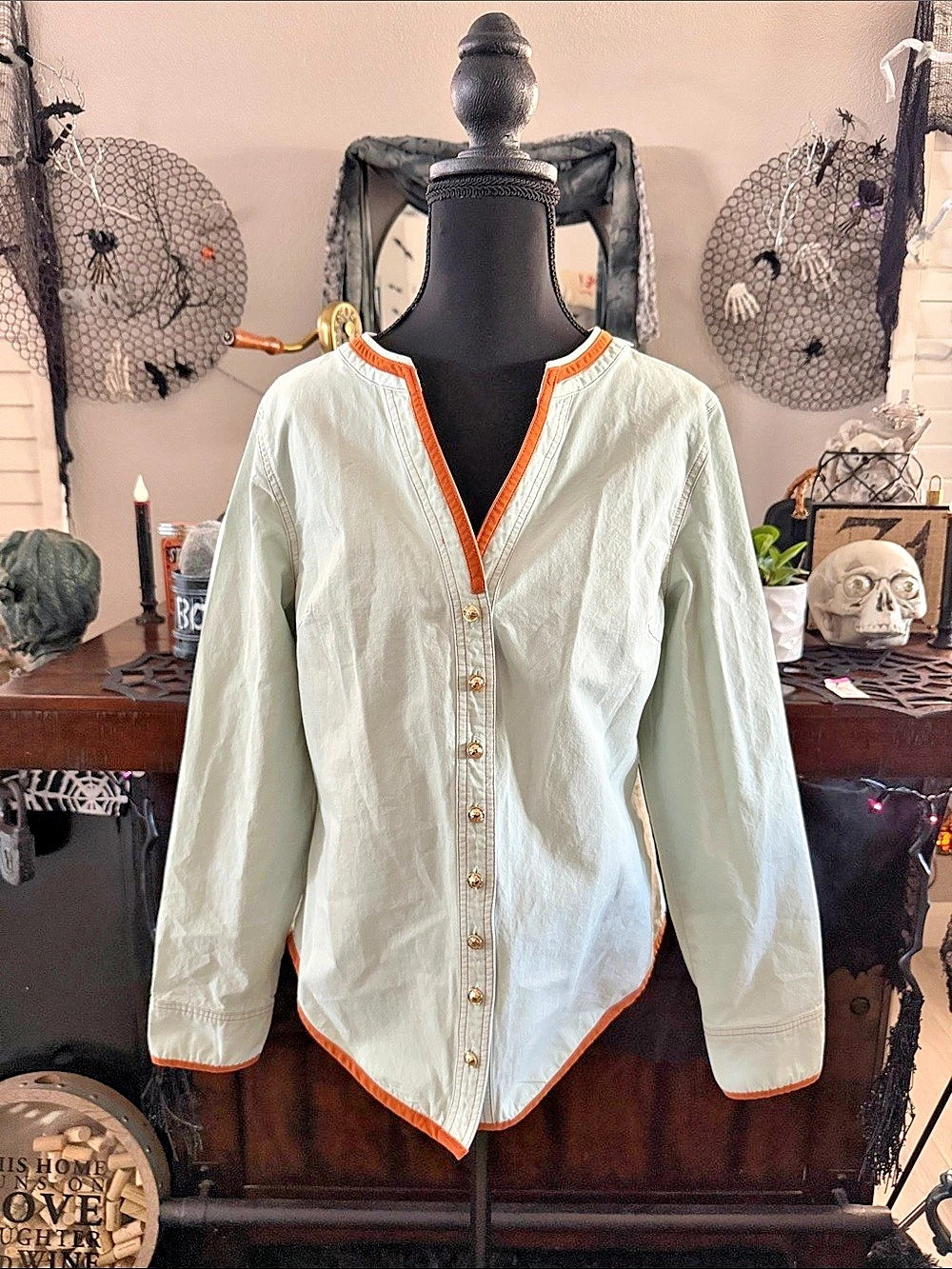 Futario Retro Washed Contrast Trim Button Down Shirt in Green & Orange Size Medi
